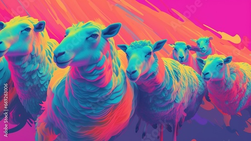 A flock of sheep in drawn brightly colored style. Digital art. Illustration for cover  card  postcard  interior design  banner  poster  brochure or presentation.