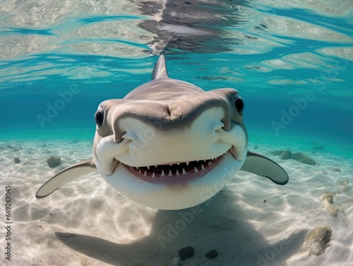 A shark swimming in the water column. A large predatory fish swimming in the ocean. A detailed image of a muzzle. Wild animal looking at something. Illustration with distorted fisheye effect. © Login