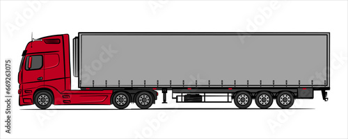 Semi trailer truck abstract silhouette on white background.  A hand drawn sketch of a trailer truck car. Vector illustration view from side.