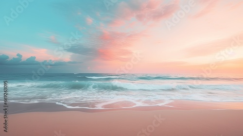 Splashing blue water ocean waves reach sandy beach. Nature background. Modern screen design. Illustration for cover, card, postcard, banner, poster, brochure or presentation. © Login