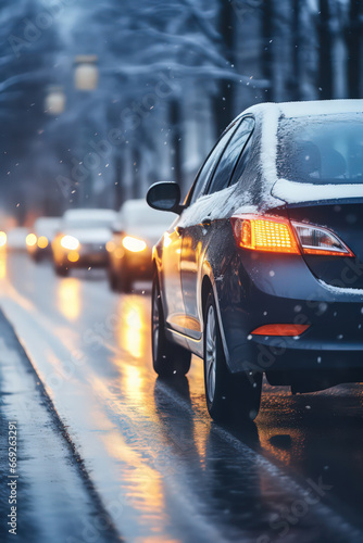 Dynamic shot of a car maneuvering in winter city traffic after rain by Generative AI © sonatik