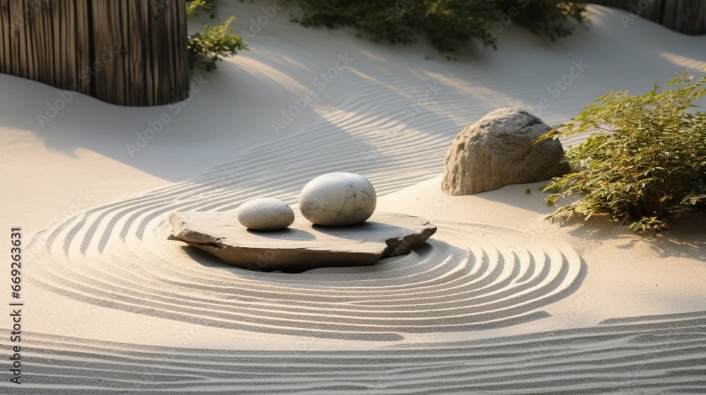 A tranquil Zen garden featuring a meditative rock arrangement and a sand raked pattern