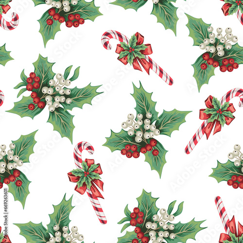 Christmas candy cane and mistletoe seamless pattern. Holiday decoration wallpaper.