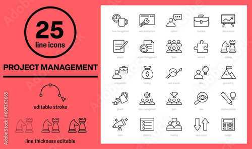 project management icons, marketing, finance, business management icons set, editable stroke, outline icons collection, organization symbols, such as time management, goal setting, analysis photo