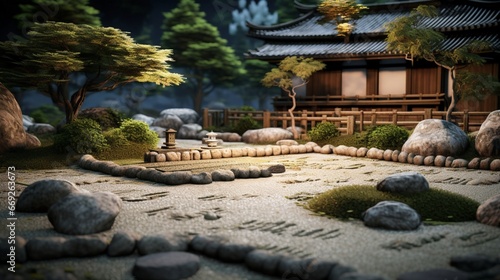 A tranquil Zen garden with carefully arranged stones and a traditional teahouse