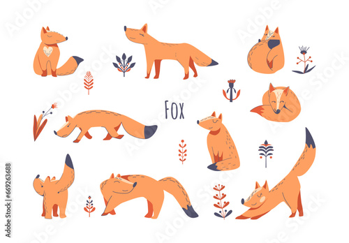 Set of cute foxes with plant elements. Suitable for childrens prints on textiles. Vector hand drawn style illustration isolated on white background