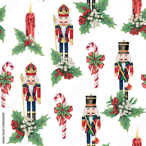 Christmas candy cane, nutcracker, candle and mistletoe seamless pattern. Holiday decoration wallpaper.