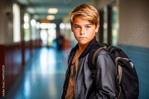 Jeune garçon contrarié, collégien, adolescent  avec un sac a dos dans son école, harcèlement scolaire photo