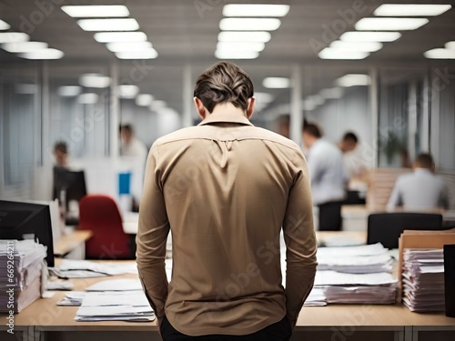 A weary man in a workspace filled with files and tasks. Seen from behind. © Andrea