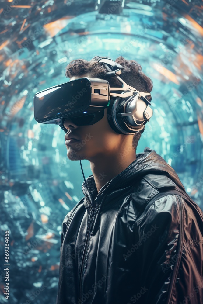 man with virtual reality glasses in a trippy futuristic environment man with virtual reality glasses in a trippy futuristic environment