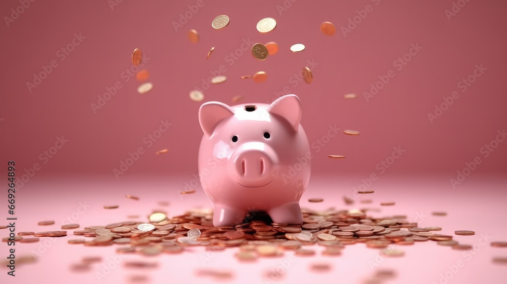 Pink piggy bank, finance and saving, save money, financial planning of personal finances and being thrifty concept theme with a pink piggy bank sitting on a pile of bronze and silver Pink piggy bank, finance and saving, save money, financial planning of personal finances and being thrifty concept theme with a pink piggy bank sitting on a pile of bronze and silver