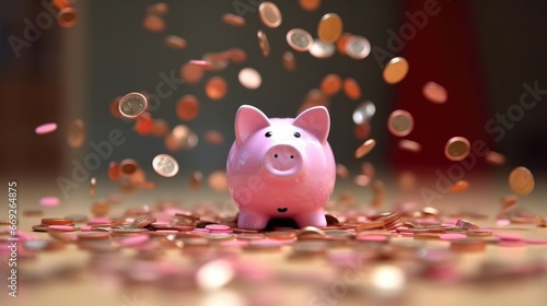 Piggy bank with gold coins bokeh background,concept for saving. 