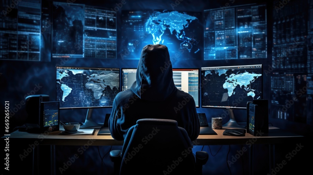 Hacker in front of computer screens Hacker in front of computer screens