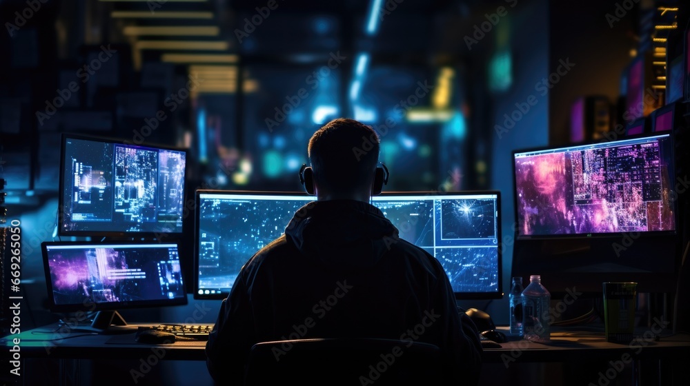 Hacker in front of computer screens Hacker in front of computer screens