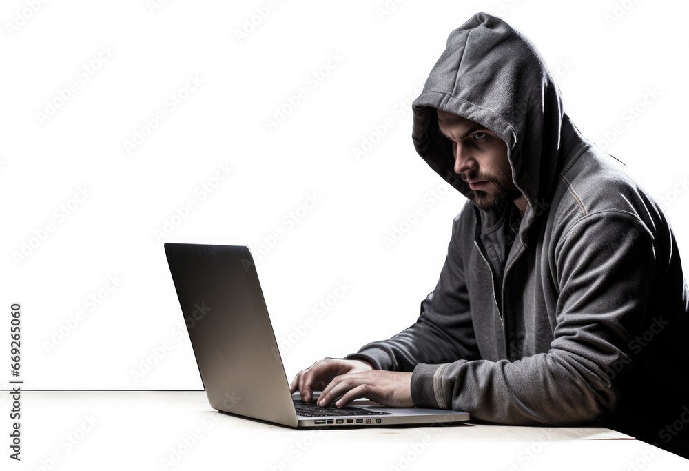 Hacker using laptop isolared on white background. Hacker using laptop isolared on white background.