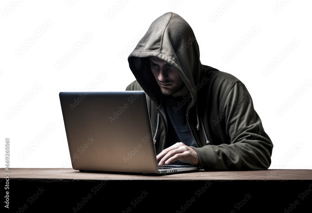 Hacker using laptop isolared on white background. Hacker using laptop isolared on white background.