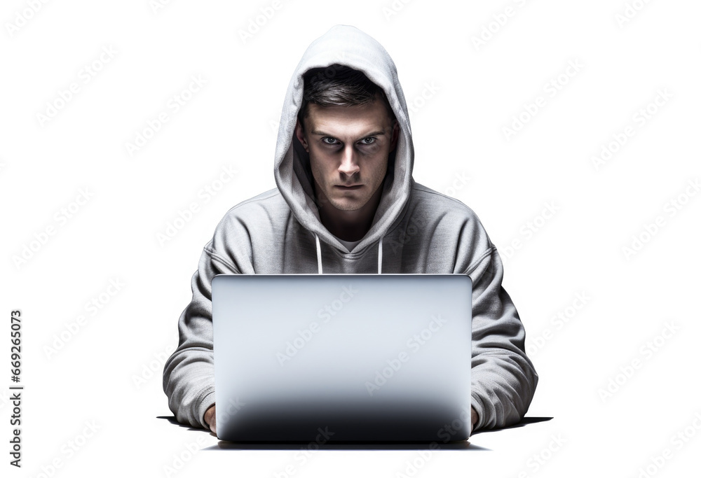 Hacker using laptop isolared on white background. Hacker using laptop isolared on white background.