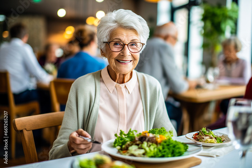 Femme retrait   mangeant une salade dans la salle de restaurant de la maison de retraite