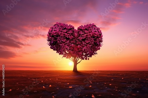 Pink Heart Shaped Tree on sunset. AI Generated © dark_blade