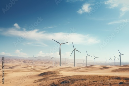 Windmills. Modern wind turbine farm in desert, harnessing renewable energy from the wind. Sand dunes, clear horizon, sustainable energy production. Desert wind turbines, eco friendly technology.