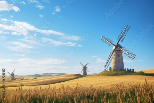 Traditional mill for grinding grain into flour. Picturesque countryside landscape with traditional windmills on rolling hill. Fields of wheat, clear blue sky, windmill sails in motion. Rural scenery..