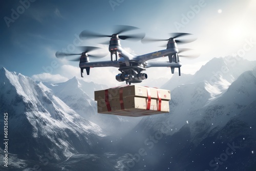 Drone. Quadcopter with cargo against backdrop of snow capped mountains. Quadcopter delivering essential supplies, humanitarian missions. Snow covered peaks. Humanitarian aid, mountainous terrain photo