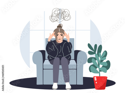 Woman in depression with bewildered thoughts in her mind. Young sad girl sitting on sofa and hugging her head. Flat style. Vector illustration