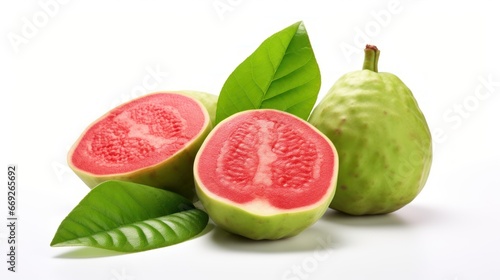 Guava fruits on white background. Whole and halves. Green peel, red flesh. Psidium guajava. Exotic tropical fruit. healthy vegan dessert. Macro. Organic eco. Food blog, shop, supermarket restaurant. photo
