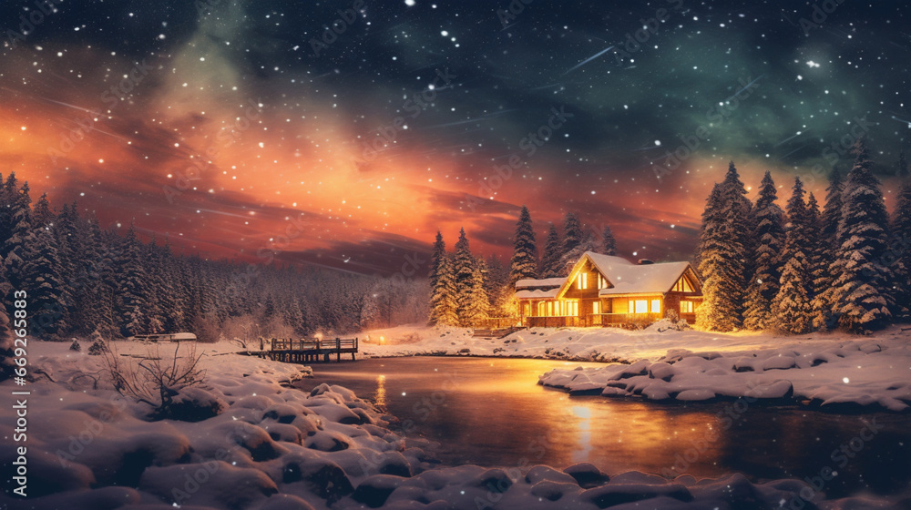 Paysage de nuit, sous la neige. Maison, sapin de Noël. Ambiance hivernale, fête, célébration. Pour conception et création graphique.