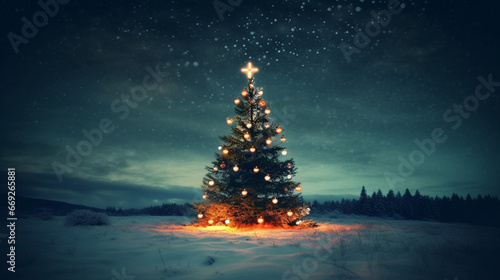 Sapin de Noël décoré, décoration pour Noël. Ambiance hivernale, fête, célébration. Pour conception et création graphique.