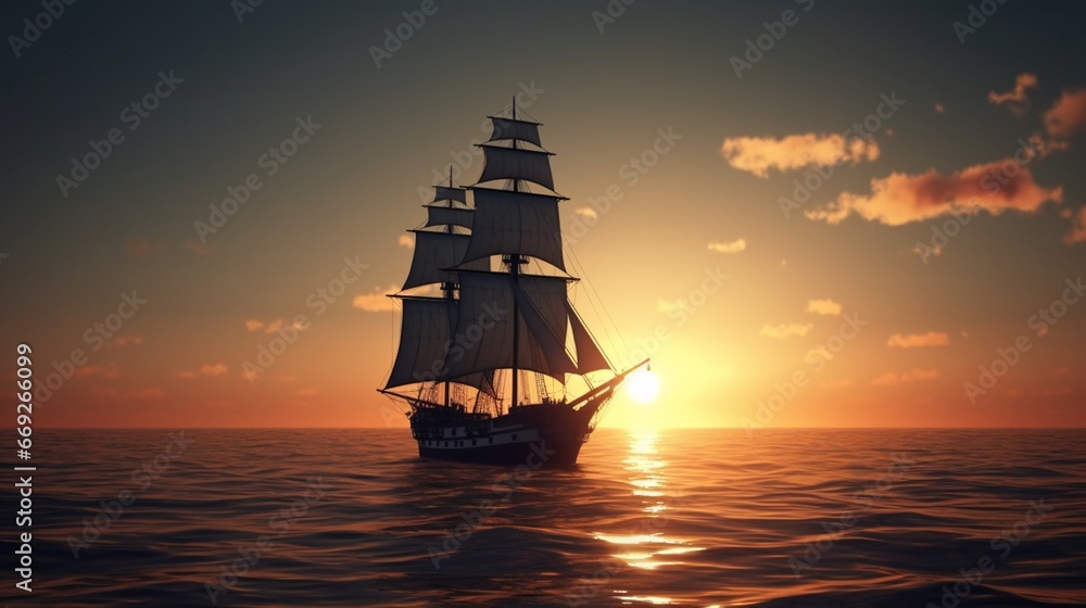 Beautiful ship sailing in colorful sunset Ai generated art