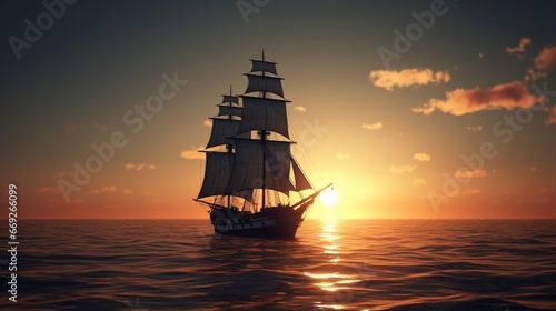 Beautiful ship sailing in colorful sunset Ai generated art