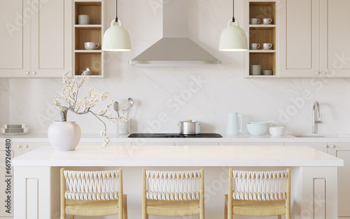  Peach kitchen interior with island. Stylish kitchen with white countertops. 