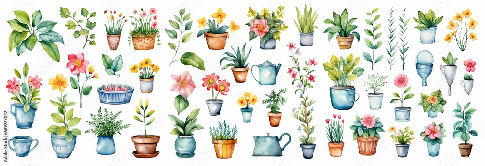 Collection of watercolor flowers in pots isolated on white background