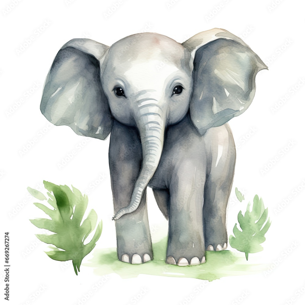 Watercolor drawn illustration of a cute baby elephant on isolated white background