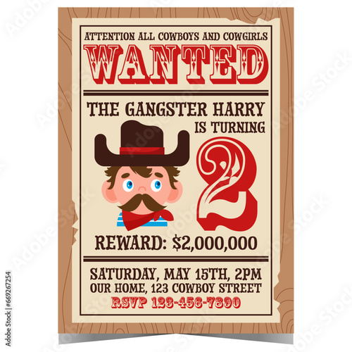 Western birthday party invitation for kids have fun as a cowboy or cowgirl to catch a wanted bandit. Boy gangster cartoon portrait in wild west and Texas style. Vector illustration.