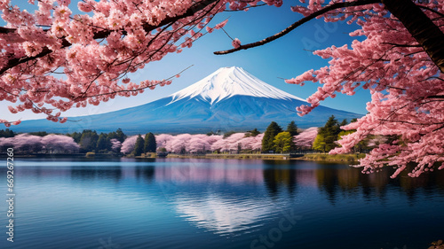 beautiful sakura cherry blossom and view of Mount Fuji and lake