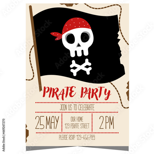 Pirate party invitation with a pirate flag with crossbones and skull to celebrate a boy’s birthday. Kids birthday poster or banner design with pirate elements on parchment with a navigation map.