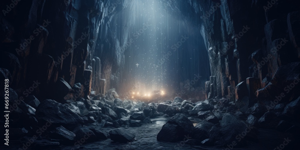 A picture of a dark cave filled with numerous rocks. This image can be used to depict exploration, adventure, mystery, or nature-themed concepts. - obrazy, fototapety, plakaty 