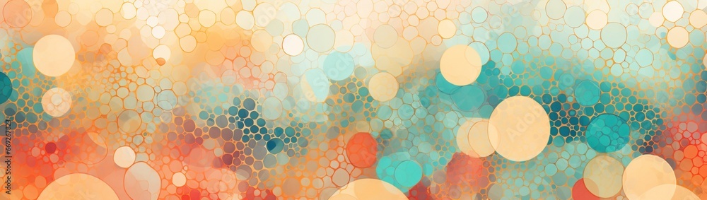 An abstract backdrop made of hand-drawn, stippled circles in varying scales, harmoniously forming a seamless pattern, drenched in retro colors like coral, turquoise, and muted gold.