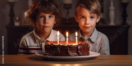 Two young boys sitting in front of a cake with lit candles. Perfect for birthday party celebrations and special occasions.