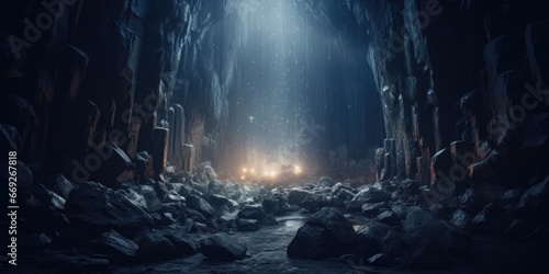 A picture of a dark cave filled with numerous rocks. This image can be used to depict exploration, adventure, mystery, or nature-themed concepts. photo