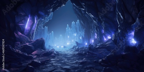 A cave filled with lots of rocks and water. This image can be used to depict natural formations, exploration, adventure, or even as a background for fantasy or mystery themes.