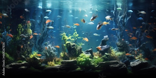 A vibrant fish tank filled with a variety of different types of fish. This image can be used to showcase the beauty and diversity of aquatic life in a fish tank or aquarium. photo
