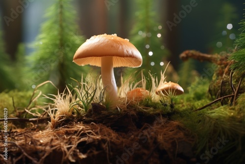 A detailed view of a mushroom growing on the lush green moss-covered ground. This image can be used to depict nature, forest, ecology, or the beauty of the outdoors.