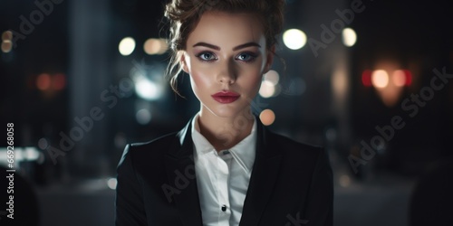 A professional woman wearing a black suit and white shirt. Suitable for business, office, and corporate concepts.