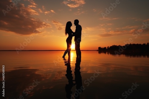 A beautiful image of a man and woman standing in the water during a vibrant sunset. Perfect for romantic or travel-themed projects.
