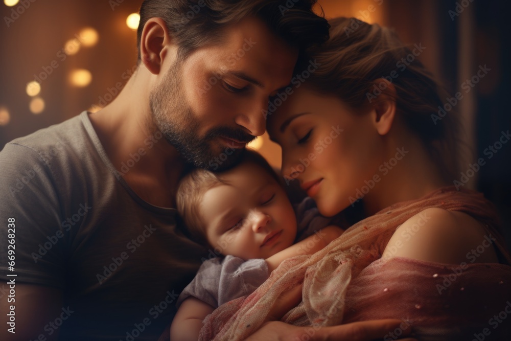 A picture of a man and a woman holding their precious baby. Perfect for family-related projects and advertisements A picture of a man and a woman holding their precious baby. Perfect for family-related projects and advertisements
