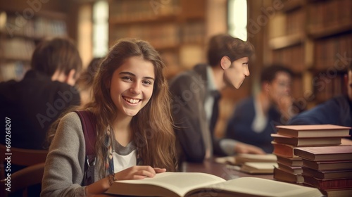 University Library with Shelves of Books and Readers