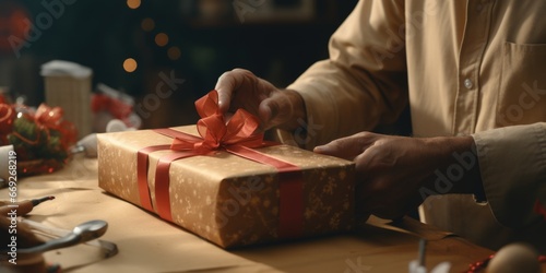 A person is seen wrapping a gift on a table. This image can be used for various occasions and celebrations.